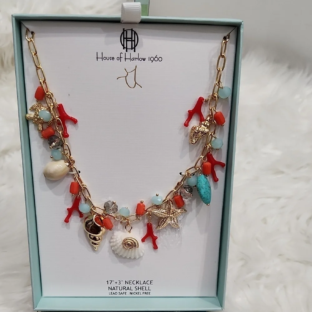 🪸▪️House of Harlow▪️ 1960 Gold and Coral Natural Shell 17in Charm  Necklace